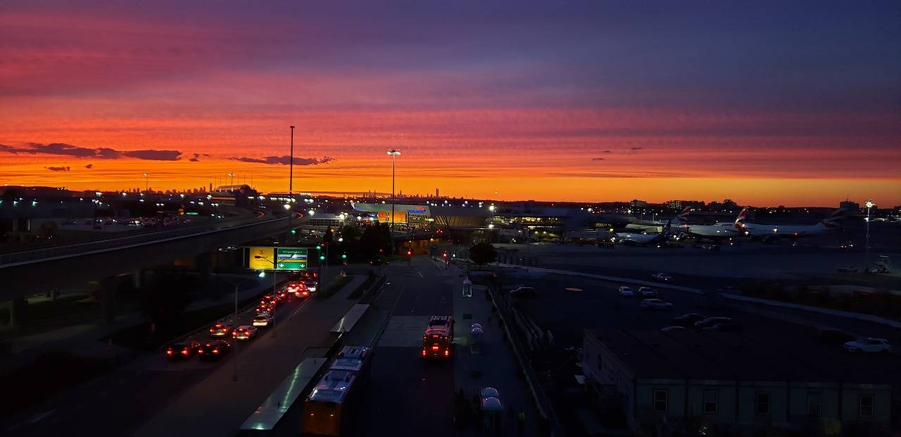 JFK Airport terminals at sunset