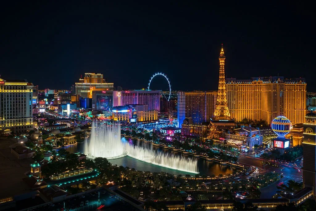 Night Aerial shot of famous Vegas Strip in Las Vegas.