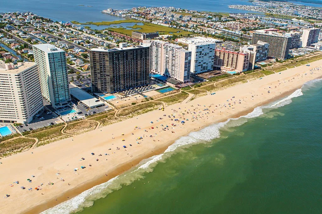 An ariel view of Ocean City, Maryland. Maryland is located in southeast Washington, DC and has great destinations.
