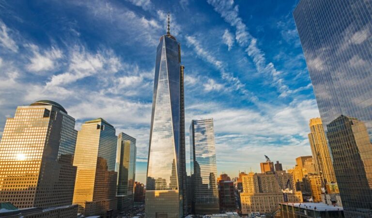 Picture of One World Trade Center during the sunset.