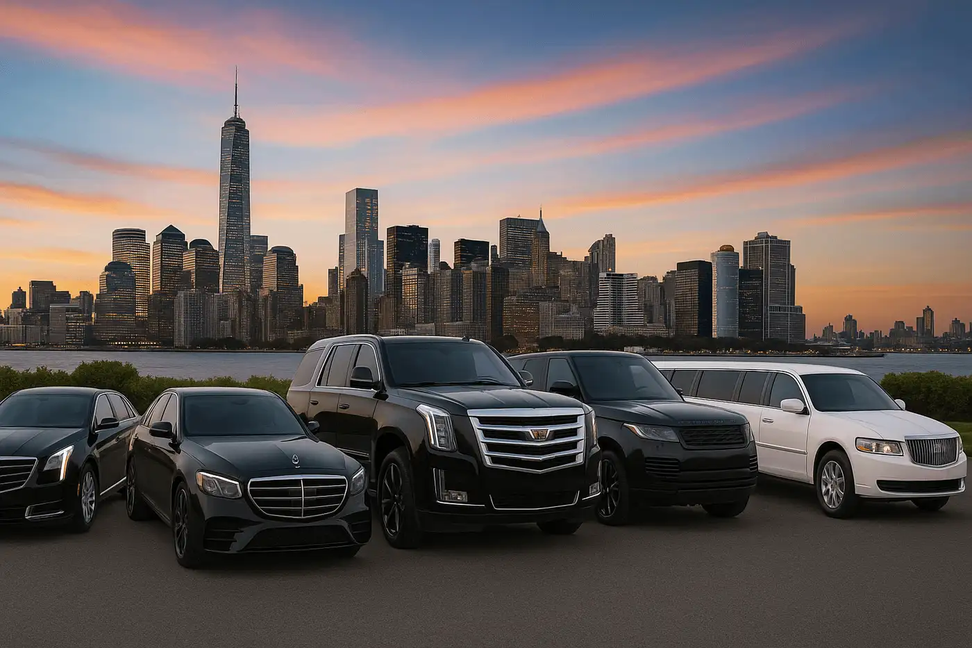 Luxury vehicles parked at sunset with the New York City skyline behind them