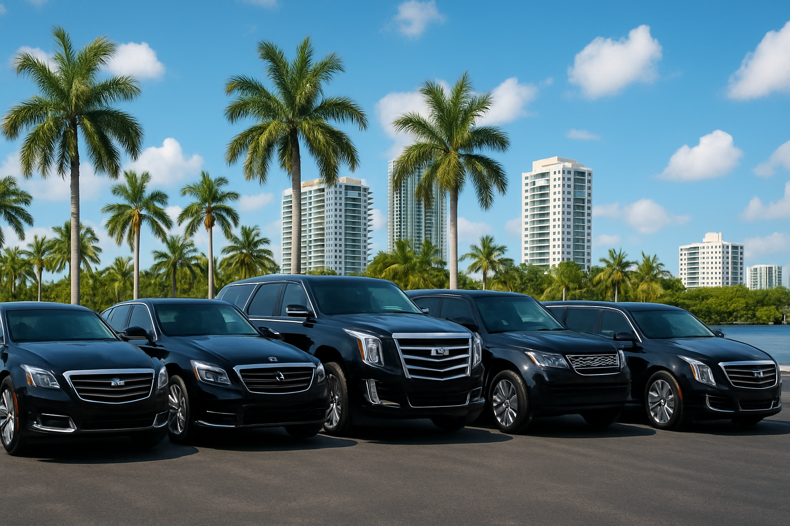 Line-up of chauffeured luxury sedans and SUVs
