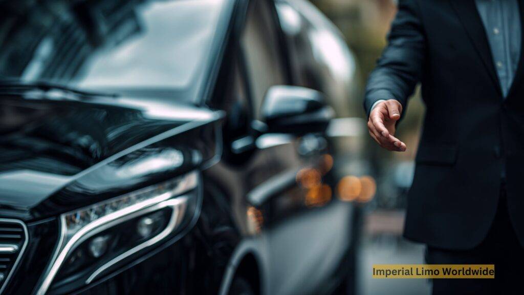 Professional chauffeur standing beside a luxury vehicle, greeting international travelers at a city airport, symbolizing premium global transportation service with comfort and elegance.