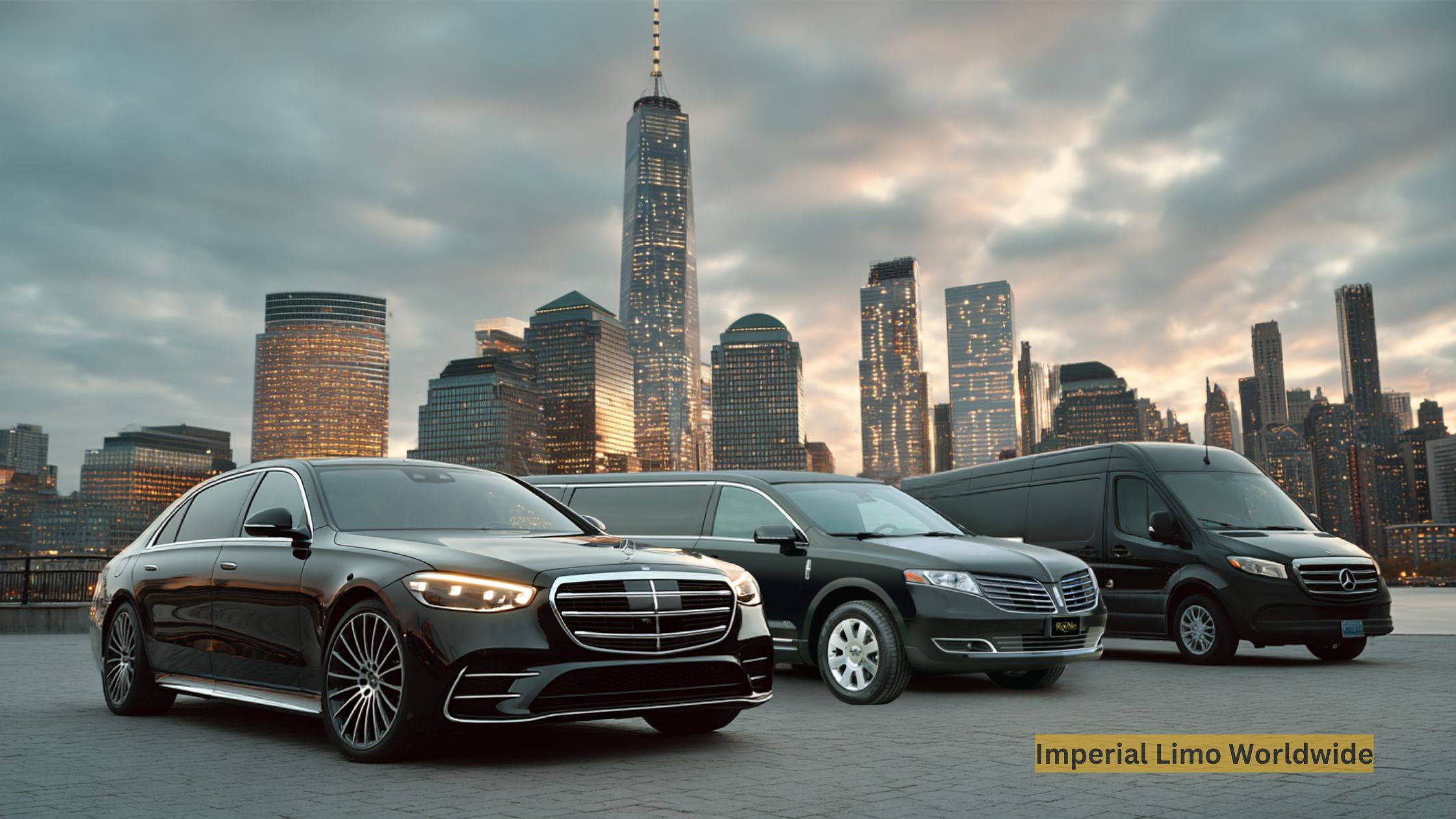 Fleet of luxury vehicles lined up including a limousine, a town car, and a Mercedes Sprinter van ready for professional chauffeured services in New York City.