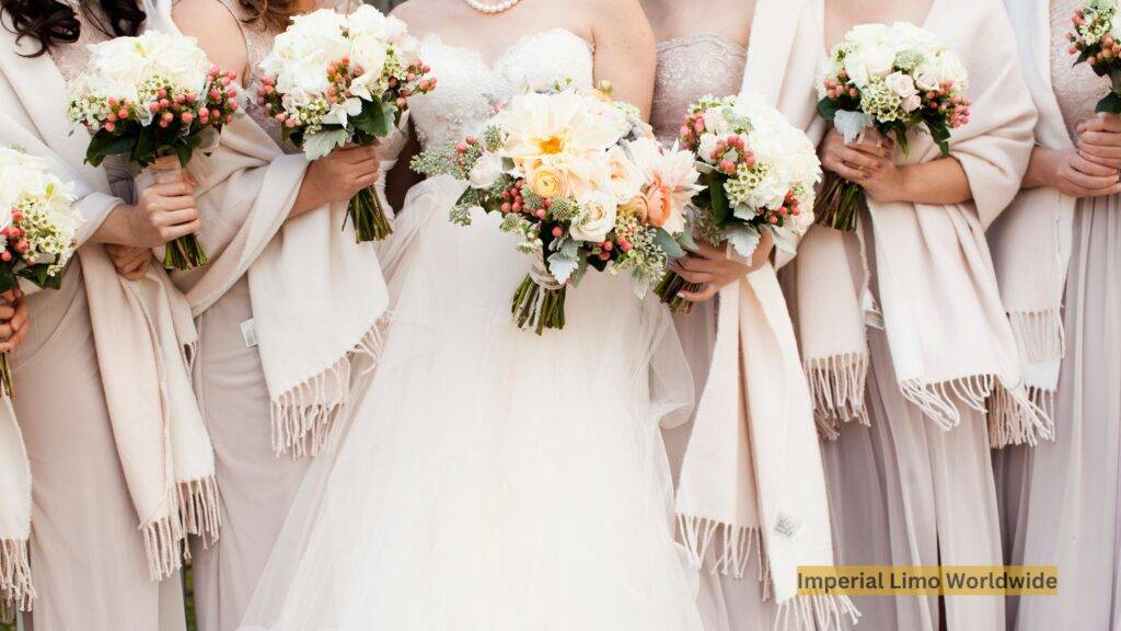 A bride and her bridesmaids ready to be transported by a luxury limousine to the wedding venue in timeless elegance.