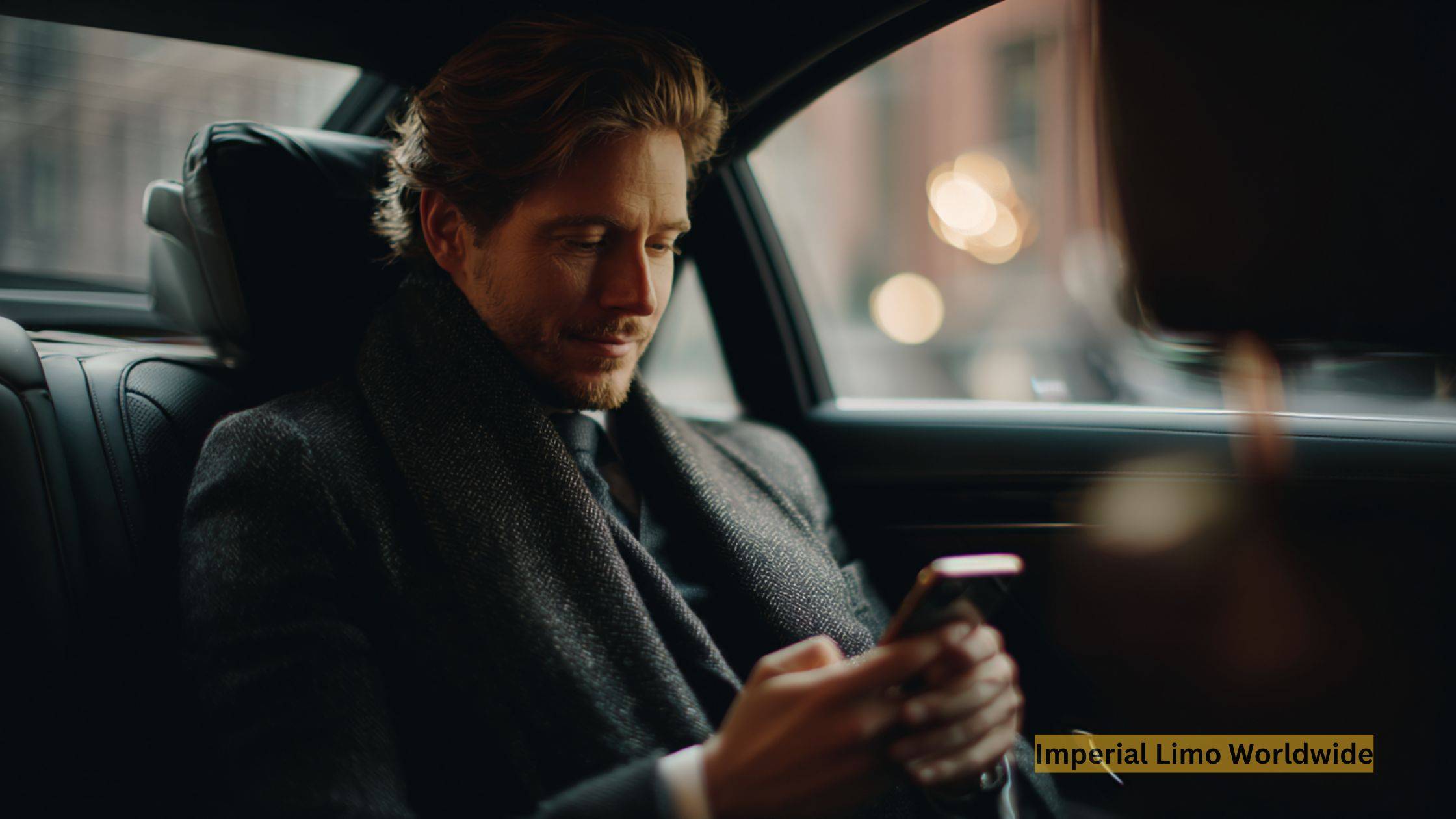 Businessman working in the backseat of a luxury sedan, enjoying a quiet, comfortable ride through New York City.