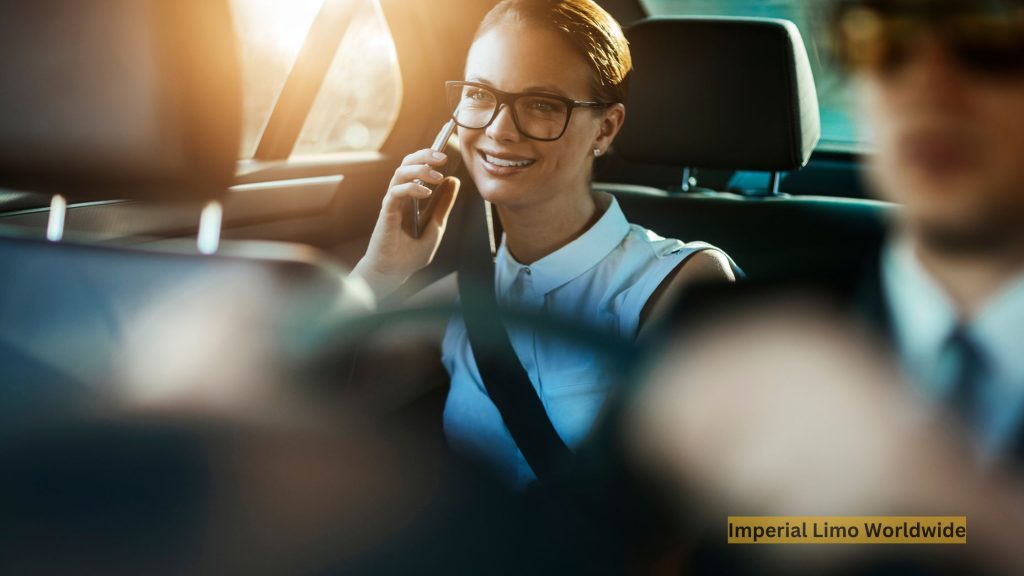 Happy woman sitting comfortably in the back of a chauffeured luxury vehicle, smiling as she enjoys a smooth, stress‑free ride with soft lighting and plush leather seating.