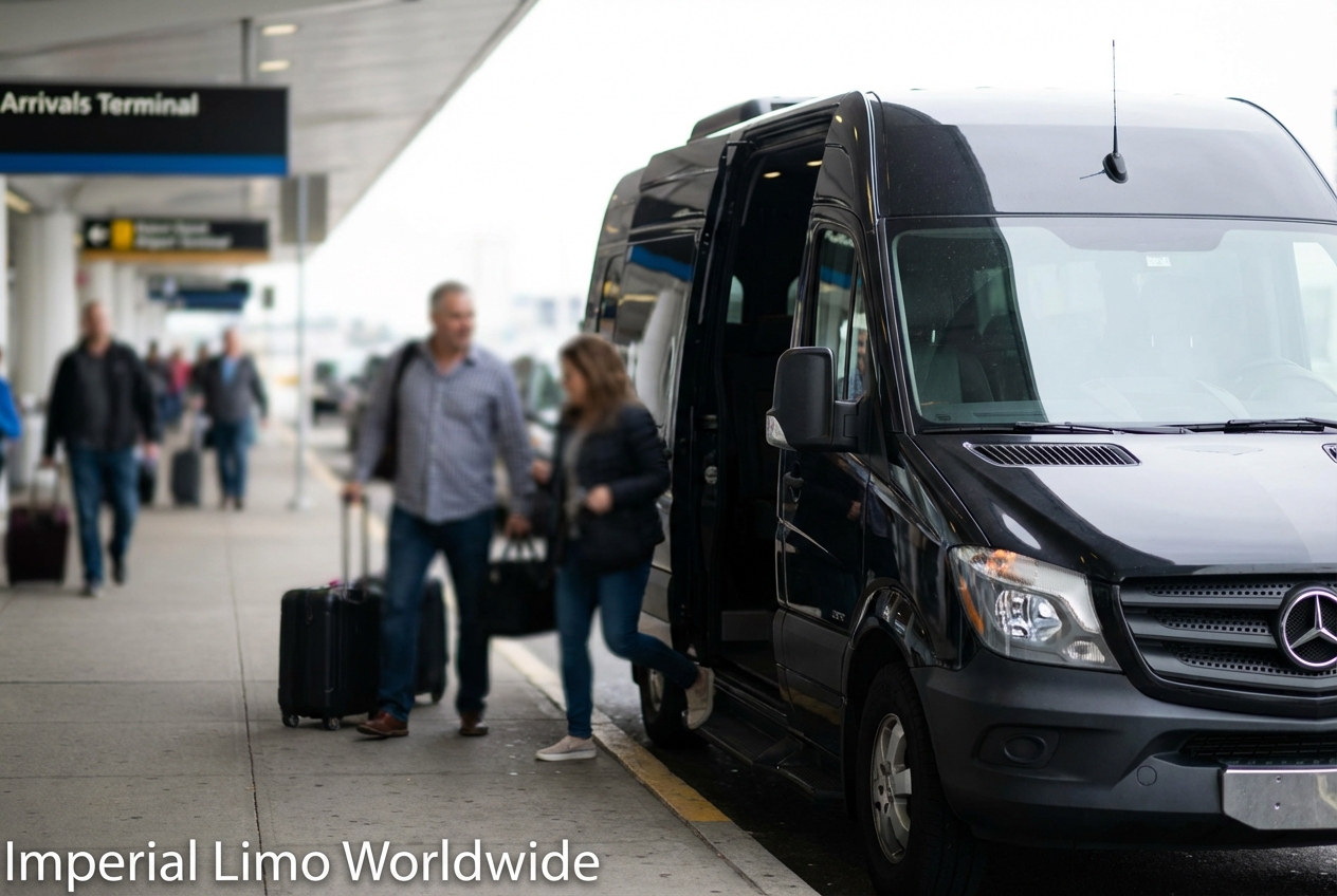 Chauffeur meeting travelers with a Mercedes Sprinter at the arrivals curb