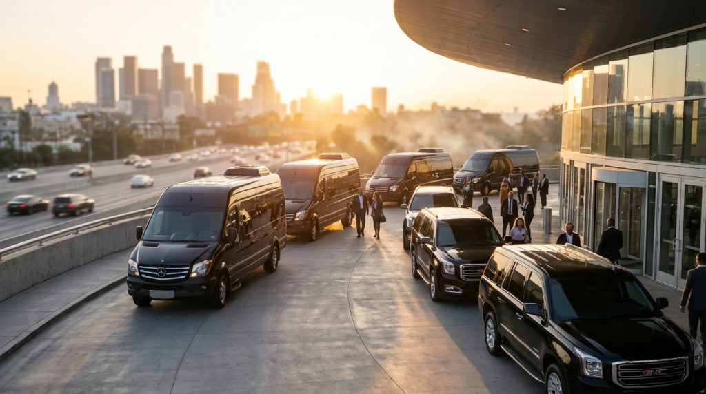 Fleet of black luxury SUVs and Mercedes Sprinter vans lined up outside an upscale event venue, ready for VIP guest transportation.