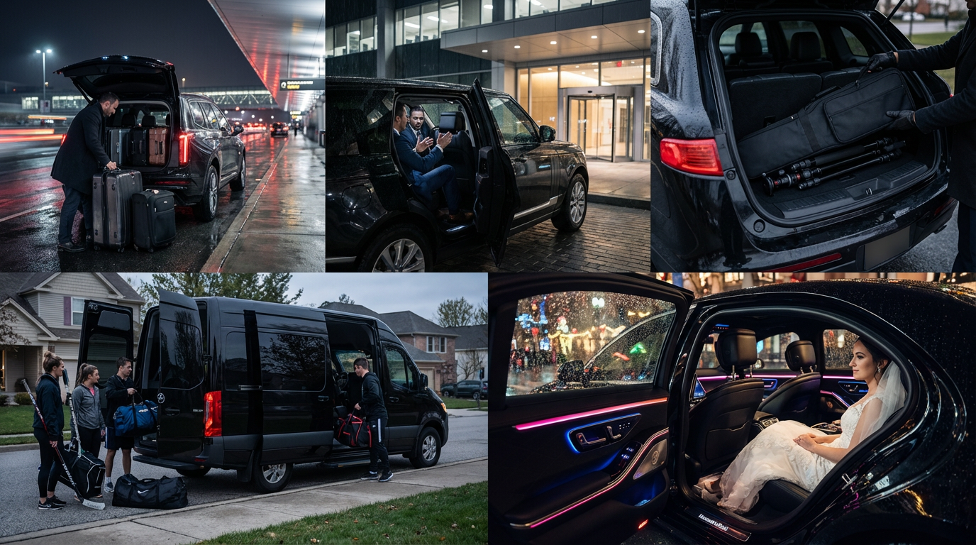 Collage of professional chauffeurs assisting clients in multiple scenarios, including airport pickups, corporate travel, evening events, and special occasions, illustrating when luxury black car service offers more safety, reliability, and comfort than typical rideshare.