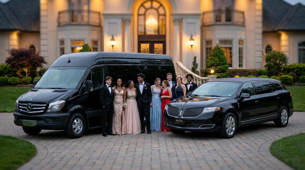 Teens dressed for prom standing beside a black limo and luxury sprinter van parked in front of an elegant home.