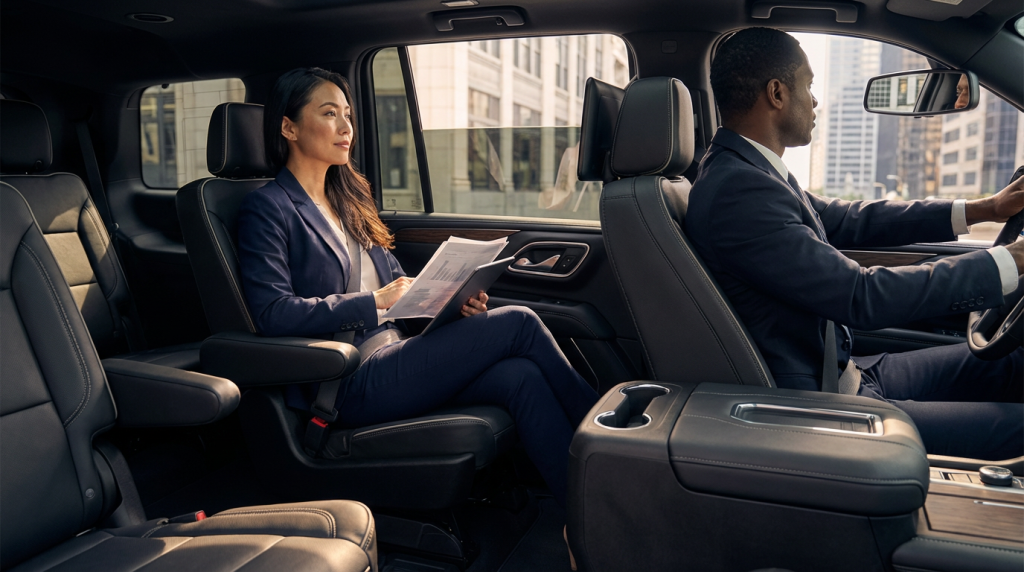 Executive relaxing in the back seat of a chauffeured luxury car during a smooth city drive.