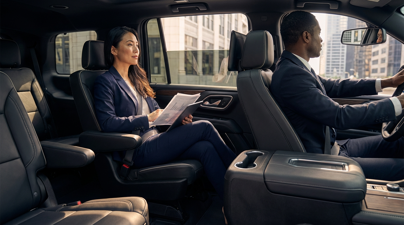 Executive relaxing in the back seat of a chauffeured luxury car during a smooth city drive.