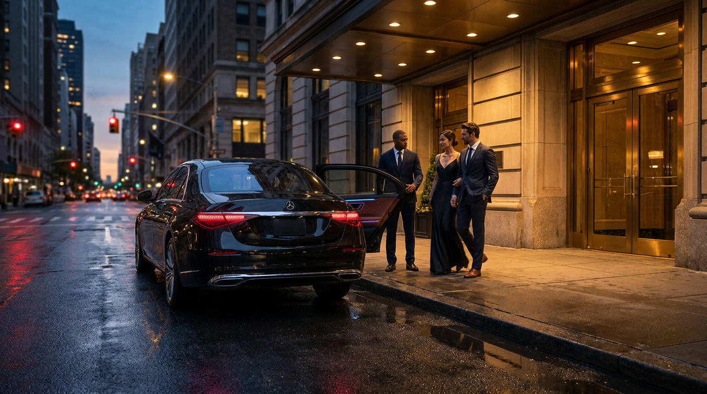 Couple getting into an upscale chauffeured sedan for a private car ride on a glamorous night out in New York City.