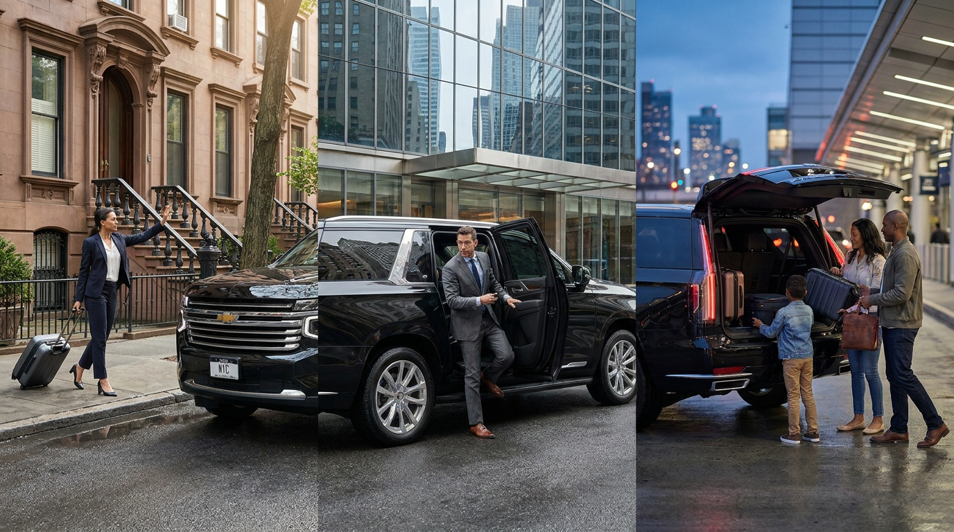 Illustration of different NYC scenarios using airport car service, including business travelers, families with luggage, and couples heading to JFK, LGA, or Newark.