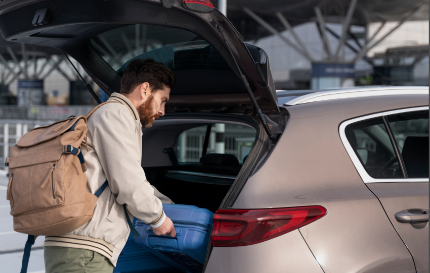 Traveler preparing for an airport transfer