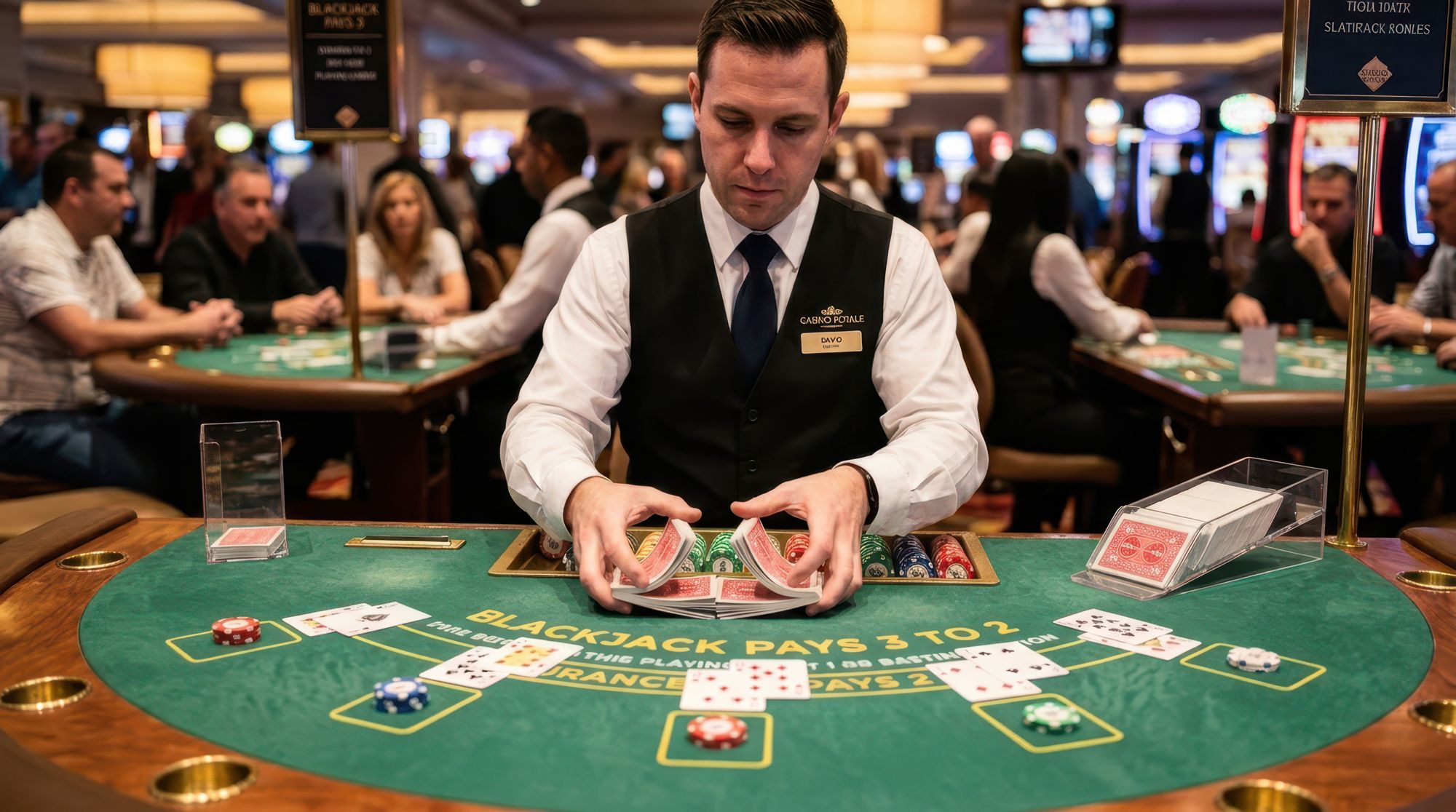 Dealer running a live blackjack table on a busy casino floor