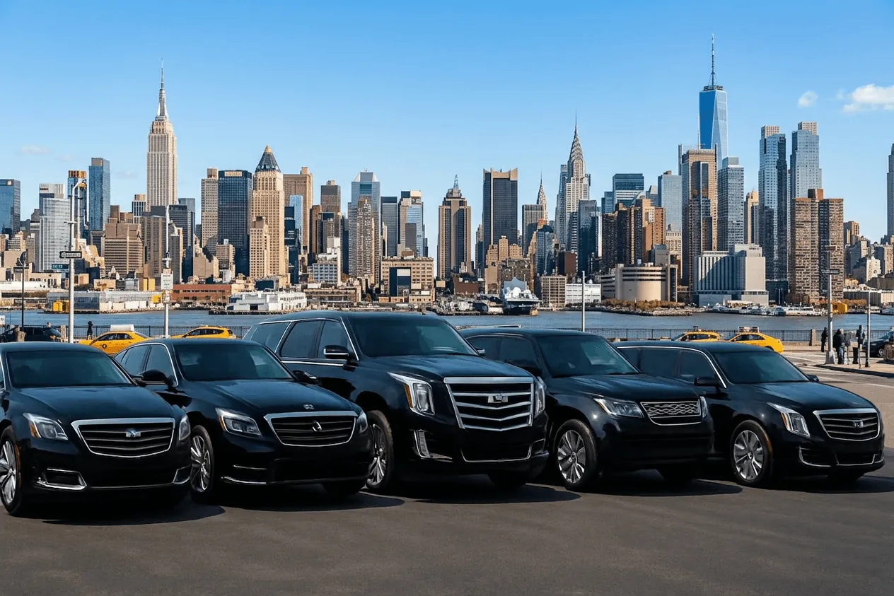 A line of black chauffeured vehicles ready for pickups in St. Albans, Queens.