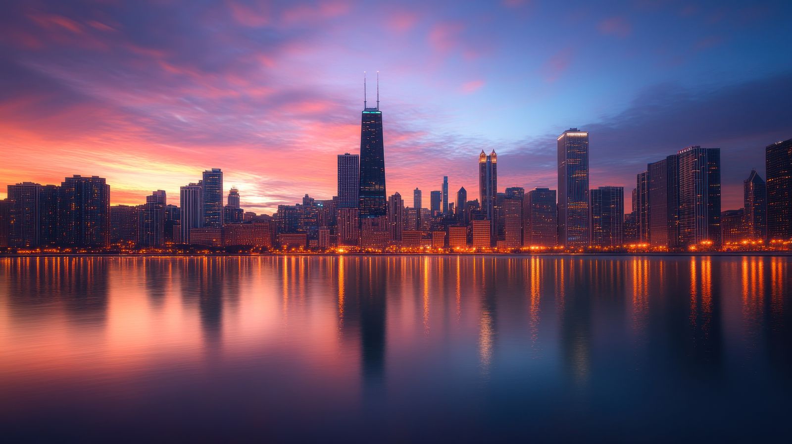Chicago skyline at sunset reflected on Lake Michigan