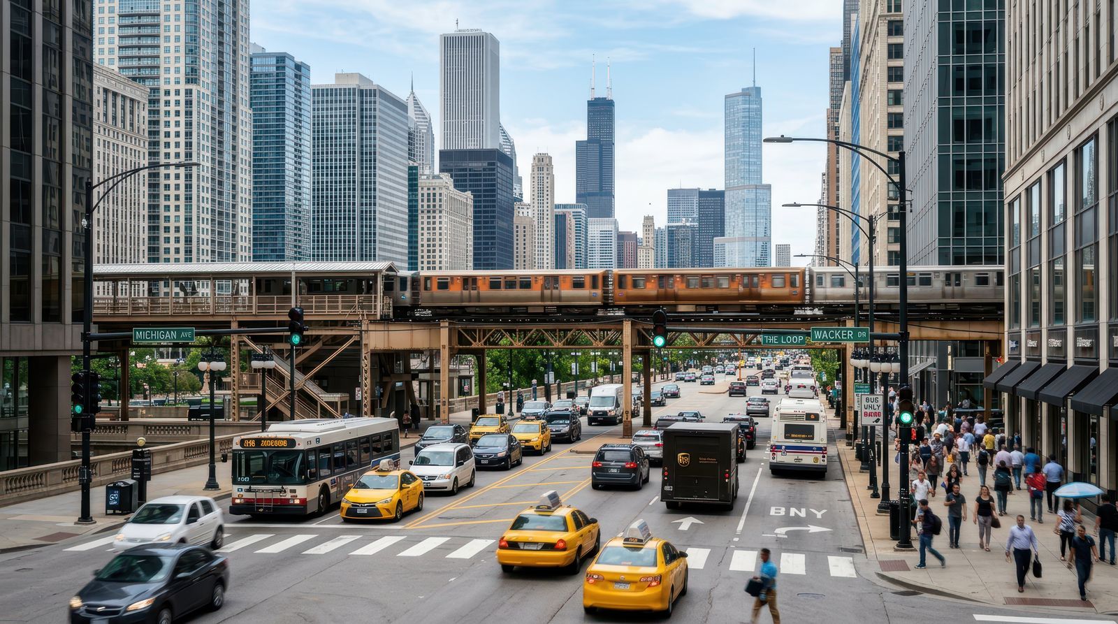Downtown Chicago street with elevated train tracks and traffic