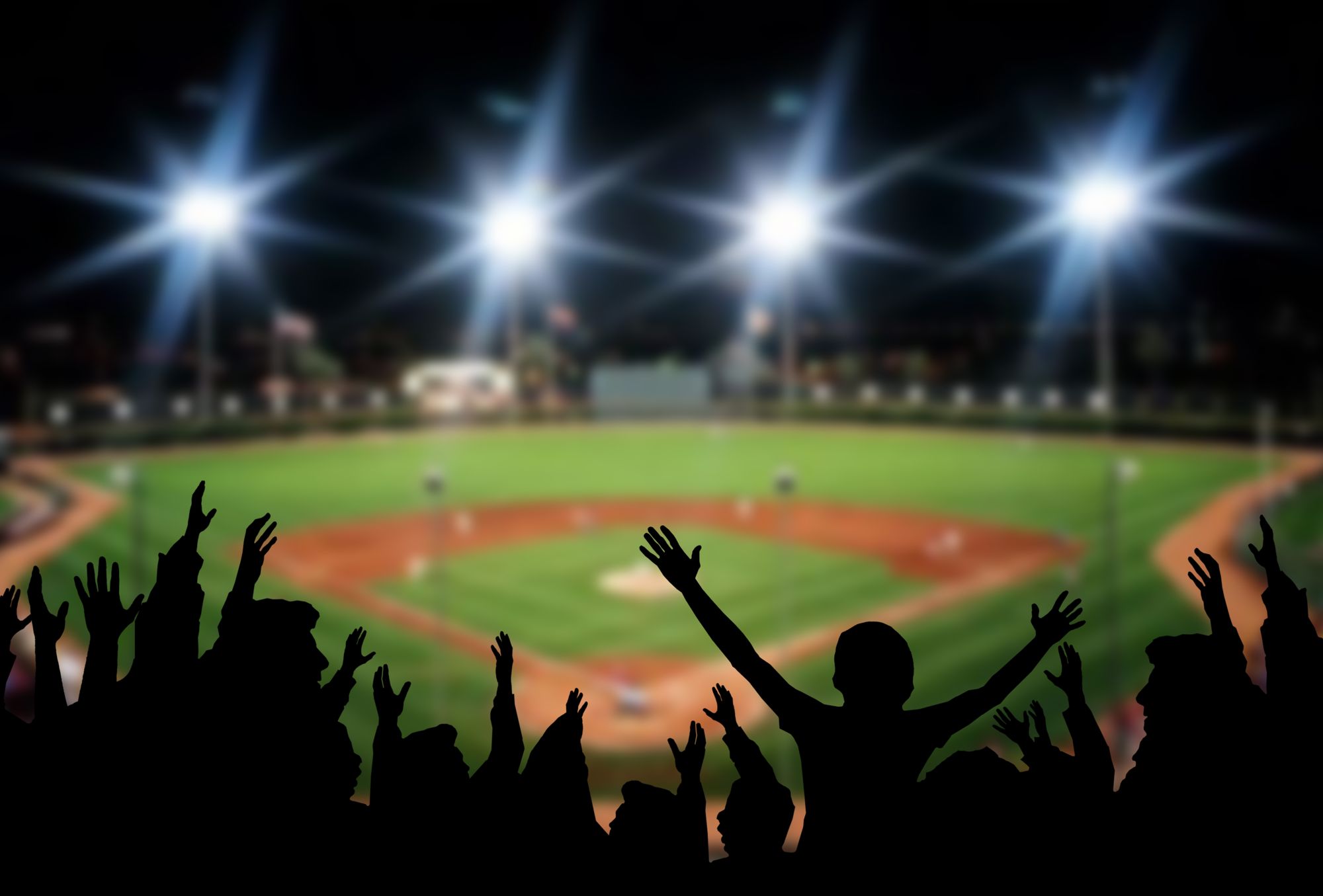 Baseball fans cheering under the stadium lights at a night game